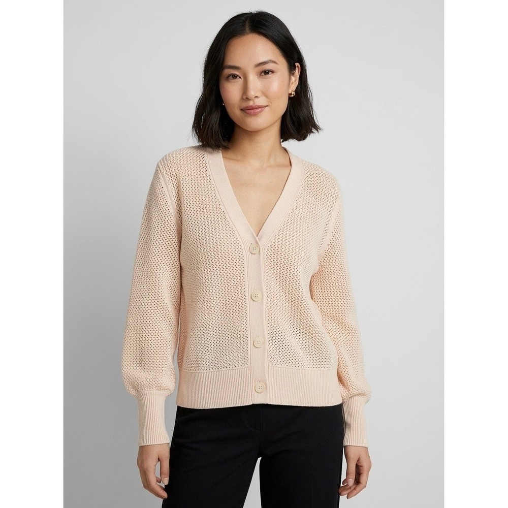 Nordstrom Signature Womens Peach Cotton Blend Open Stitch Puff Sleeve Cardigan M